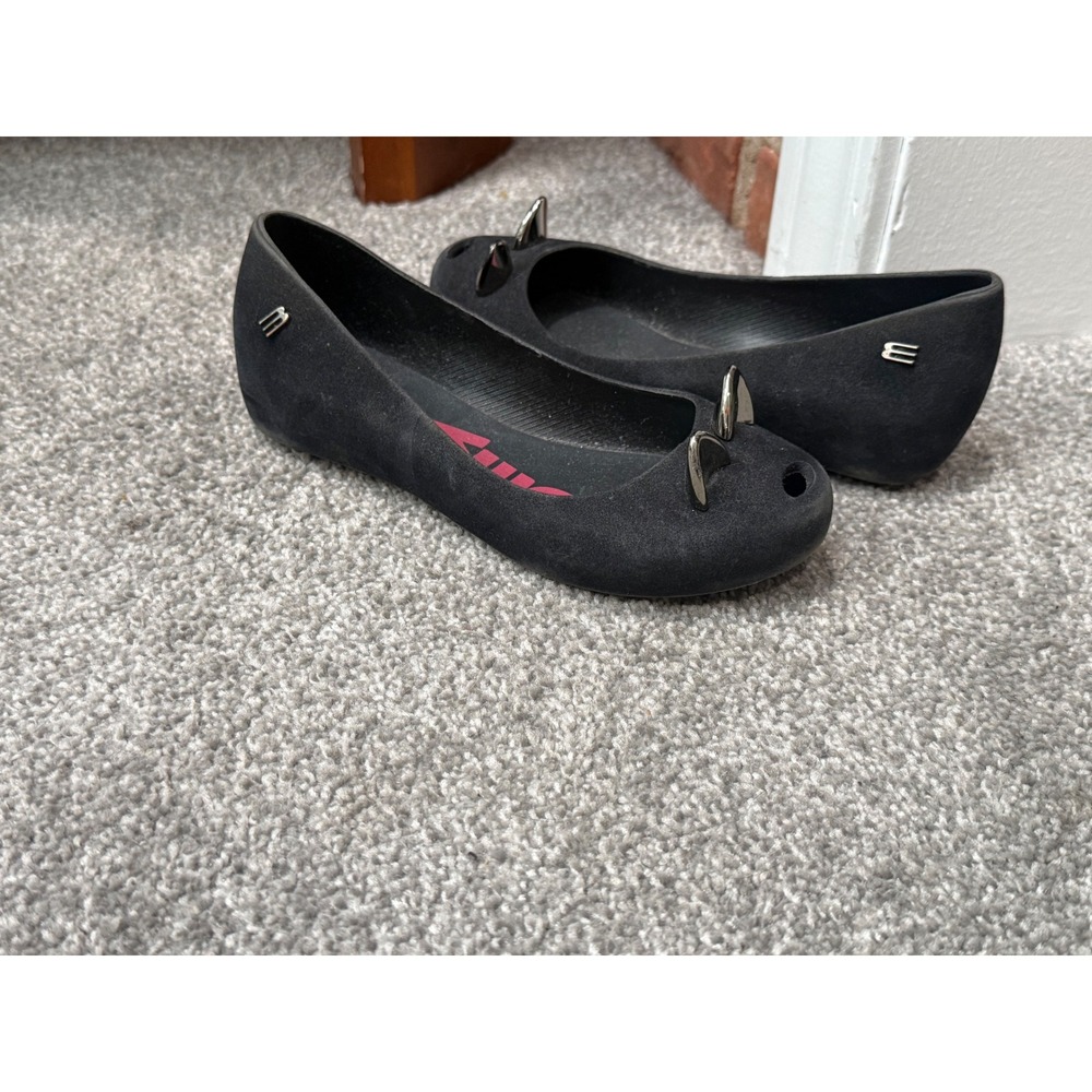 Melissa Ultragirl Cat Black Flocked Jelly Flats Metallic Ears Shoes Kids 13